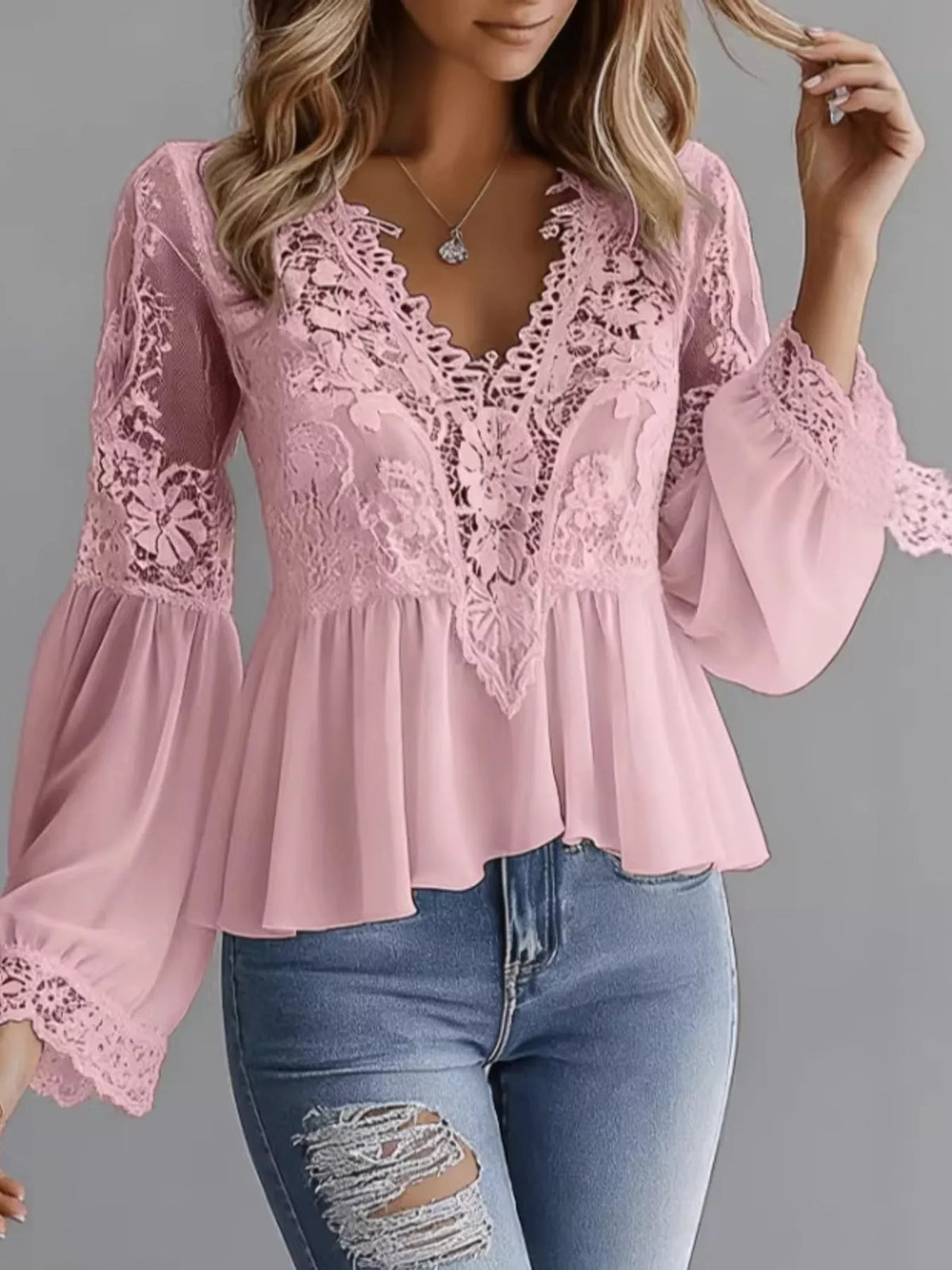 lace v-neck long sleeve blouse with peplum hem | dropsona - neutral - close-up detail