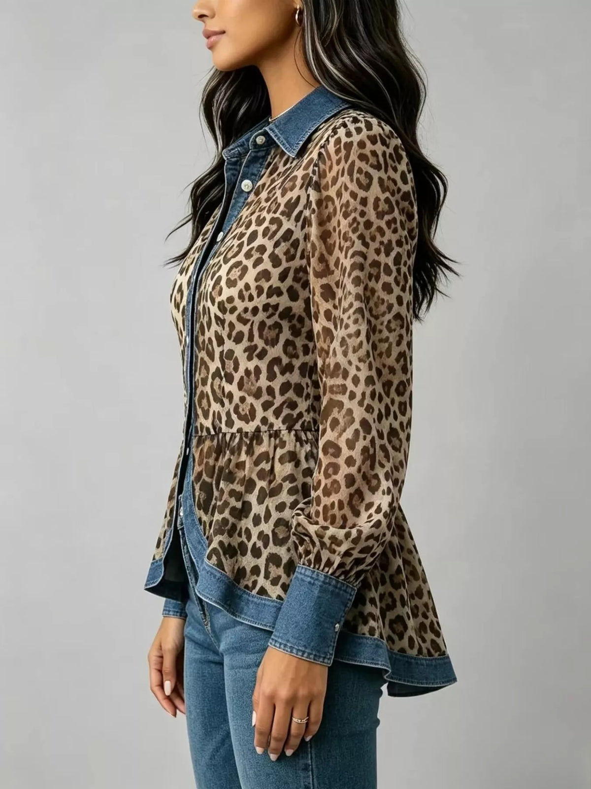 full size leopard print blouse with denim contrast | dropsona - neutral - material texture