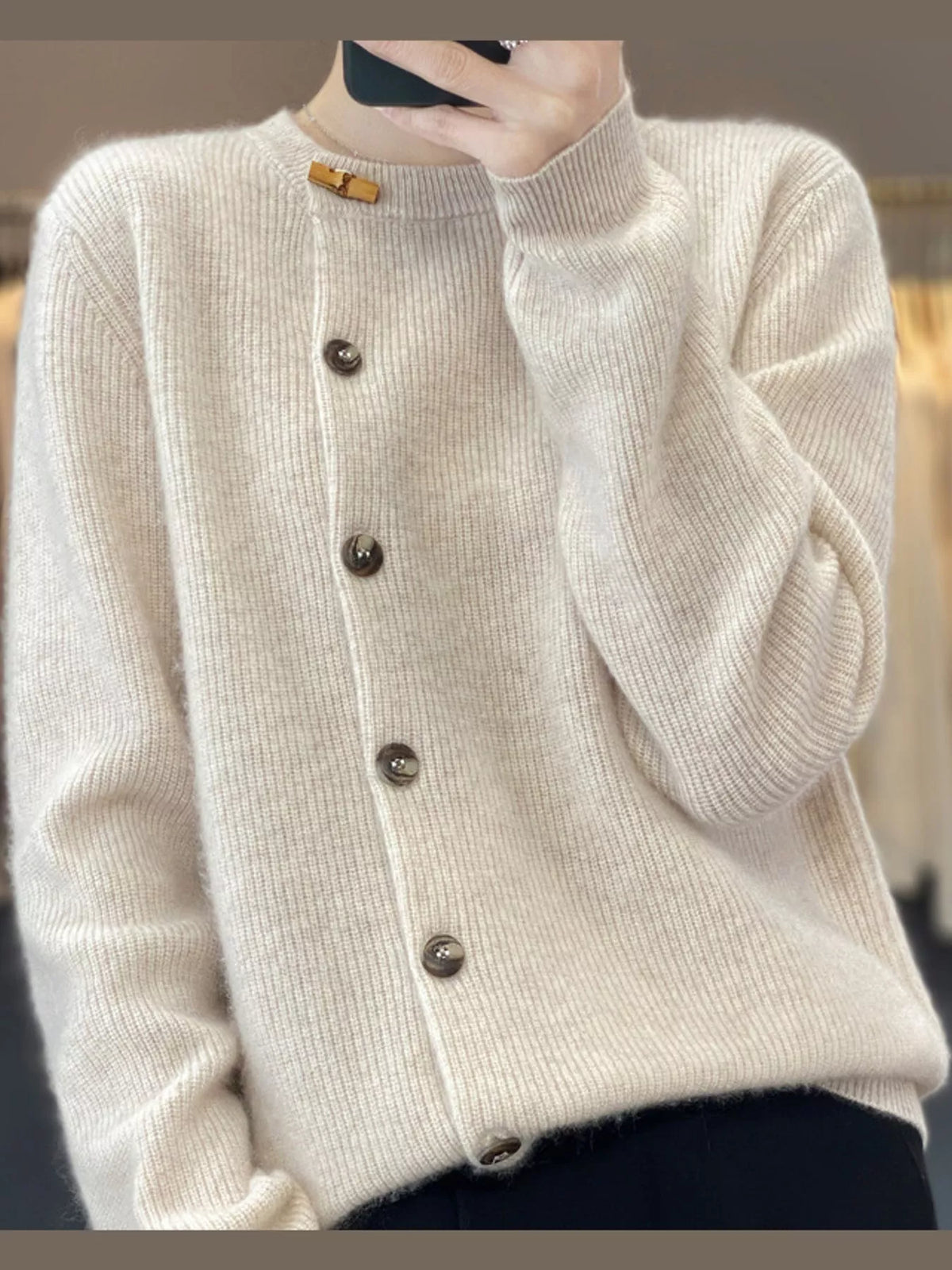 ribbed knit asymmetrical button cardigan | dropsona - neutral - front view