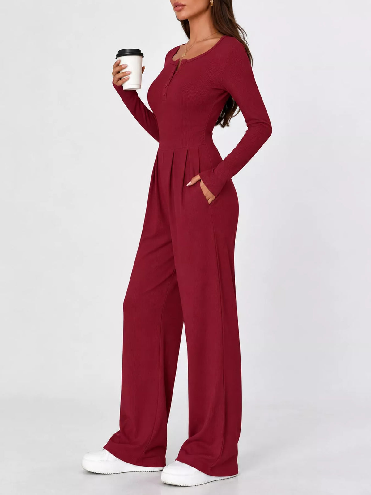 long sleeve ribbed knit wide leg jumpsuit | dropsona - neutral - usage example
