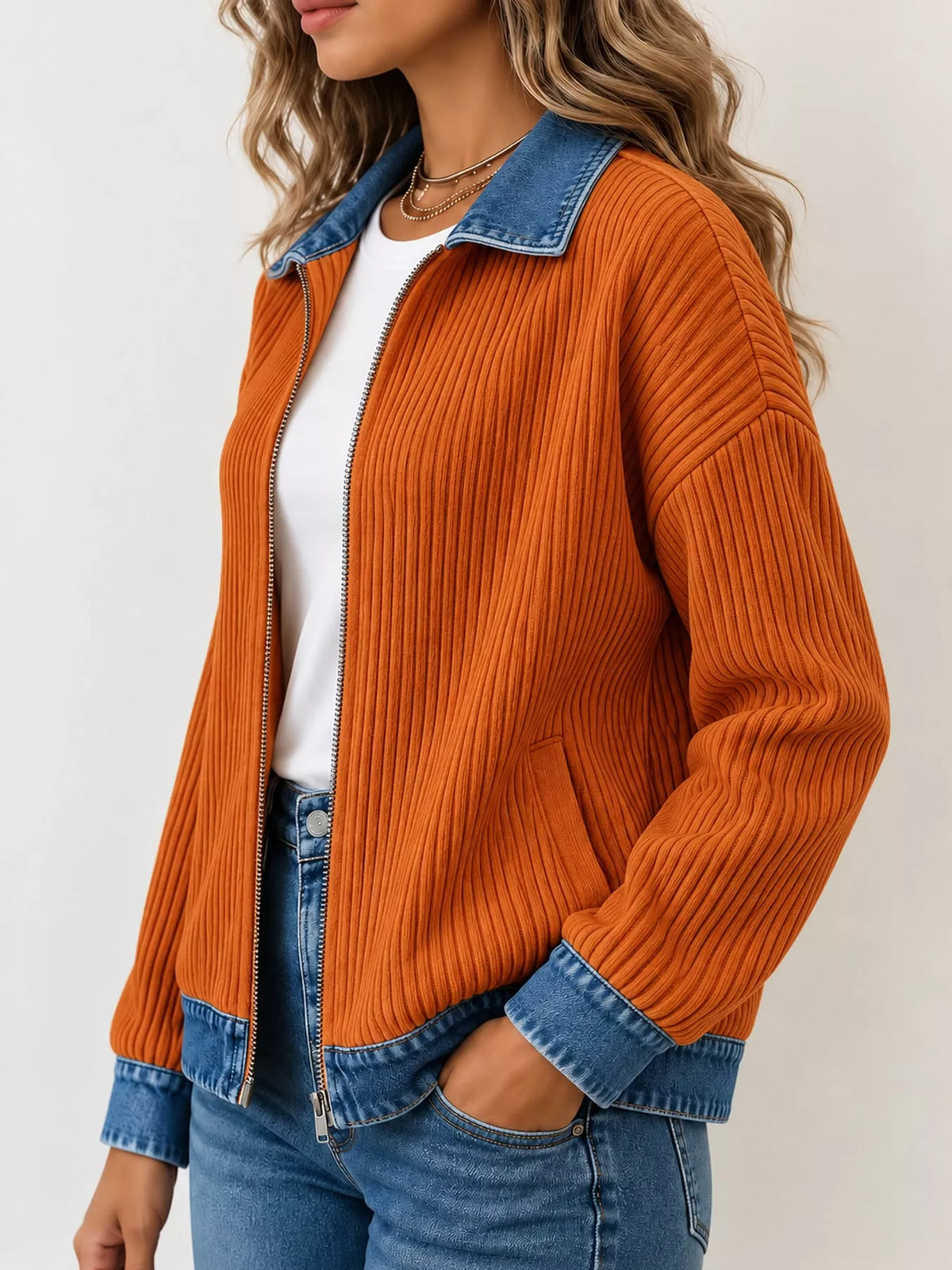 full size denim-collar ribbed knit zip-up jacket plus | dropsona - neutral - size reference