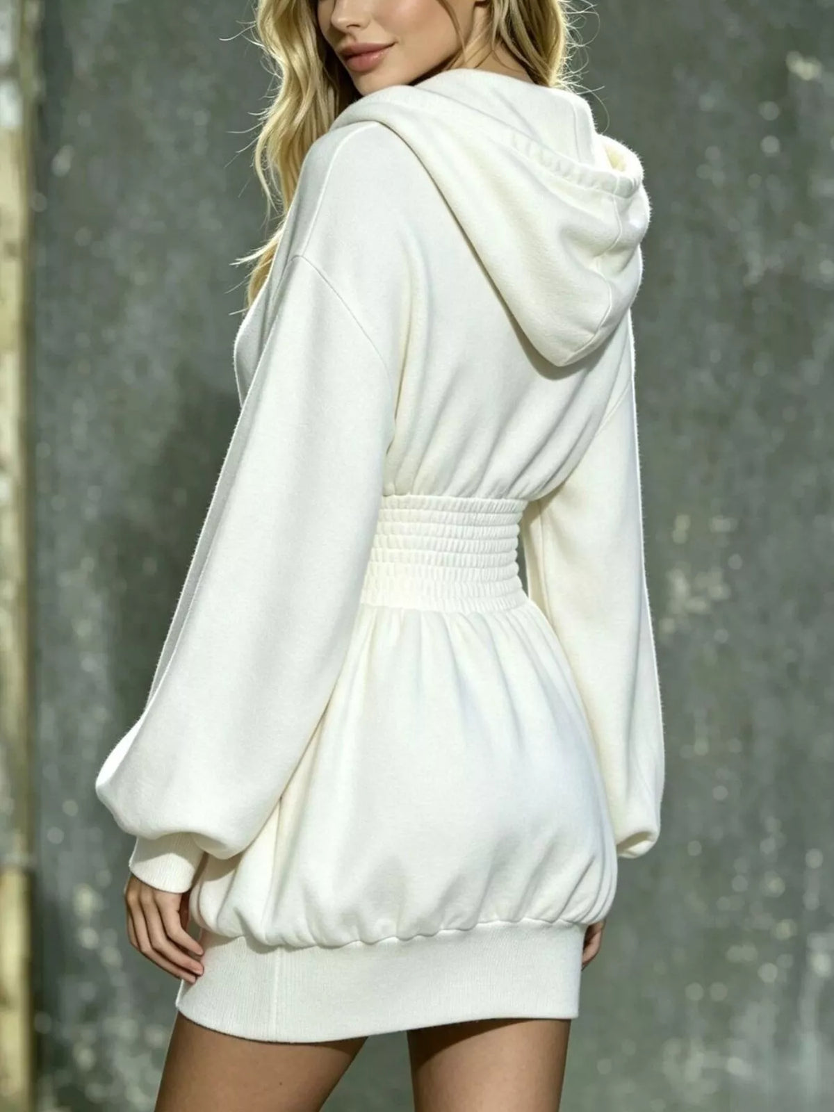 hooded long sleeve mini dress with smocked waist | dropsona - neutral - usage example