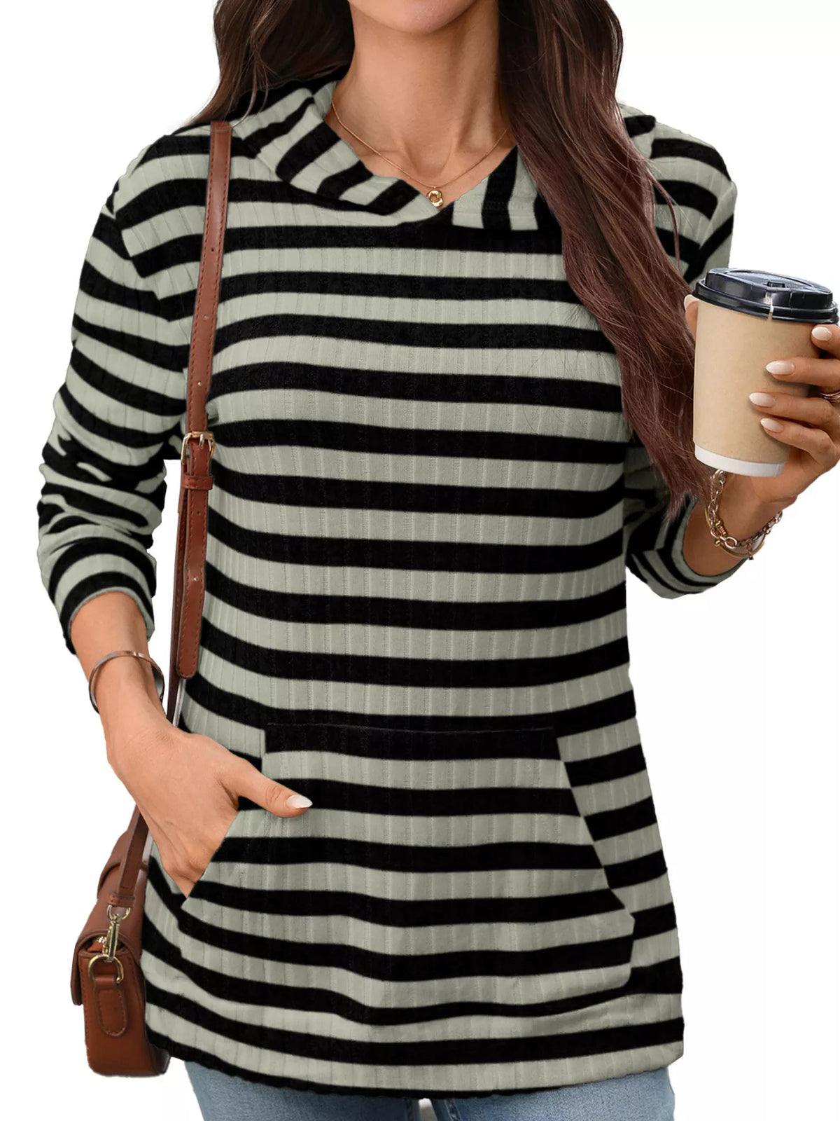 casual striped ribbed knit hoodie with kangaroo pocket | dropsona - neutral - packaging