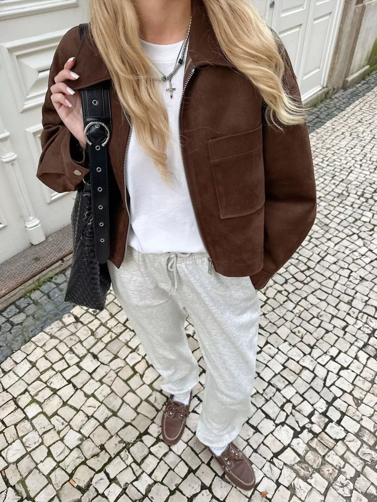 suede utility jacket with front pockets | dropsona - neutral - close-up detail