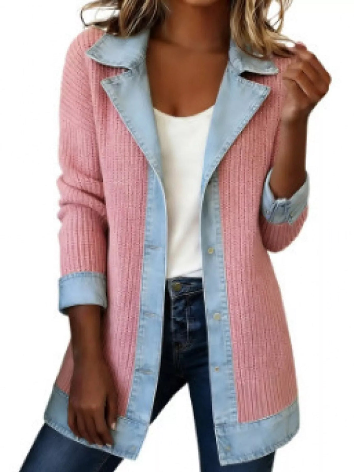 full size denim trim ribbed knit cardigan plus | dropsona - neutral - packaging