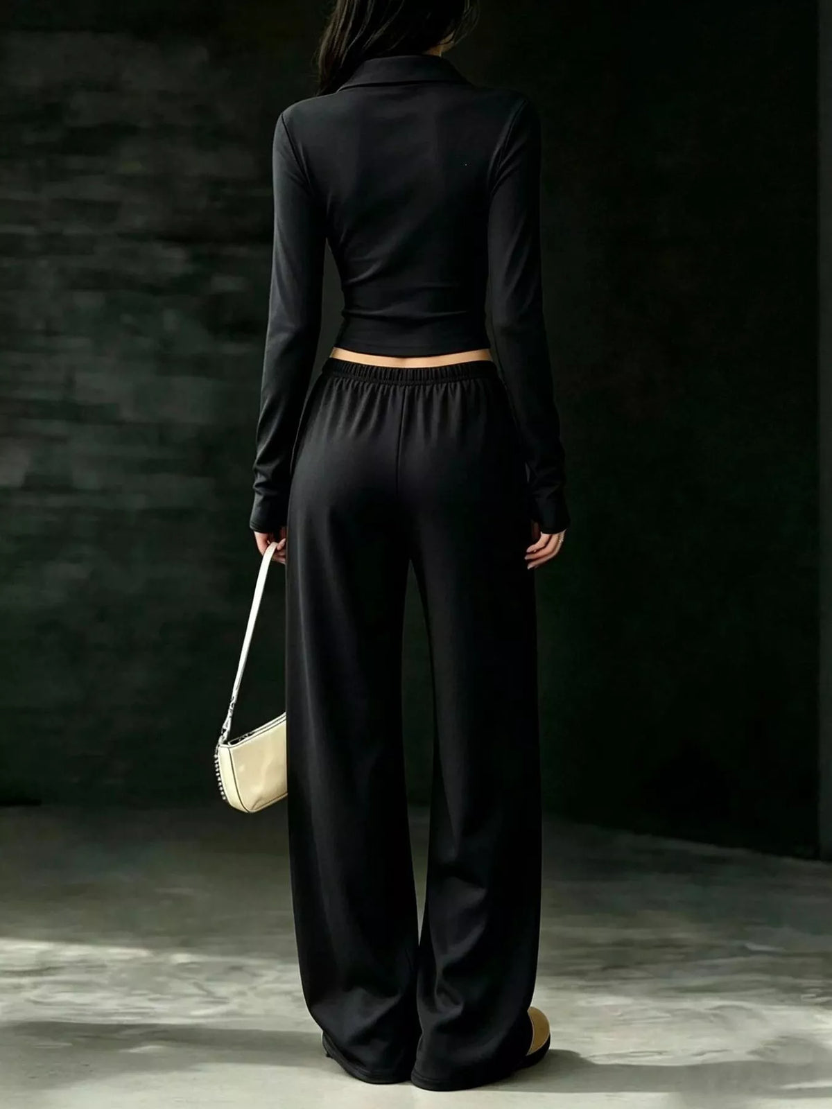long-sleeve polo top and wide-leg pants set | dropsona - neutral - front view