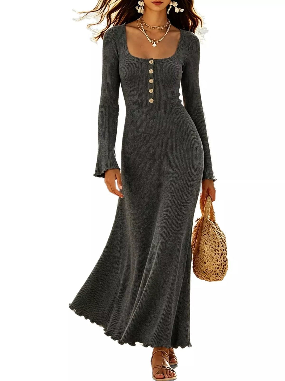 button-front ribbed knit maxi dress | dropsona - neutral - usage example