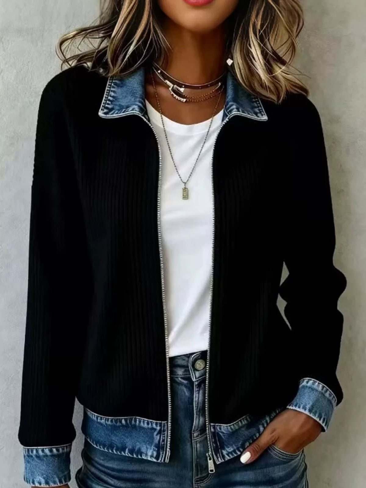 full size denim-collar ribbed knit zip-up jacket plus | dropsona - neutral - usage example