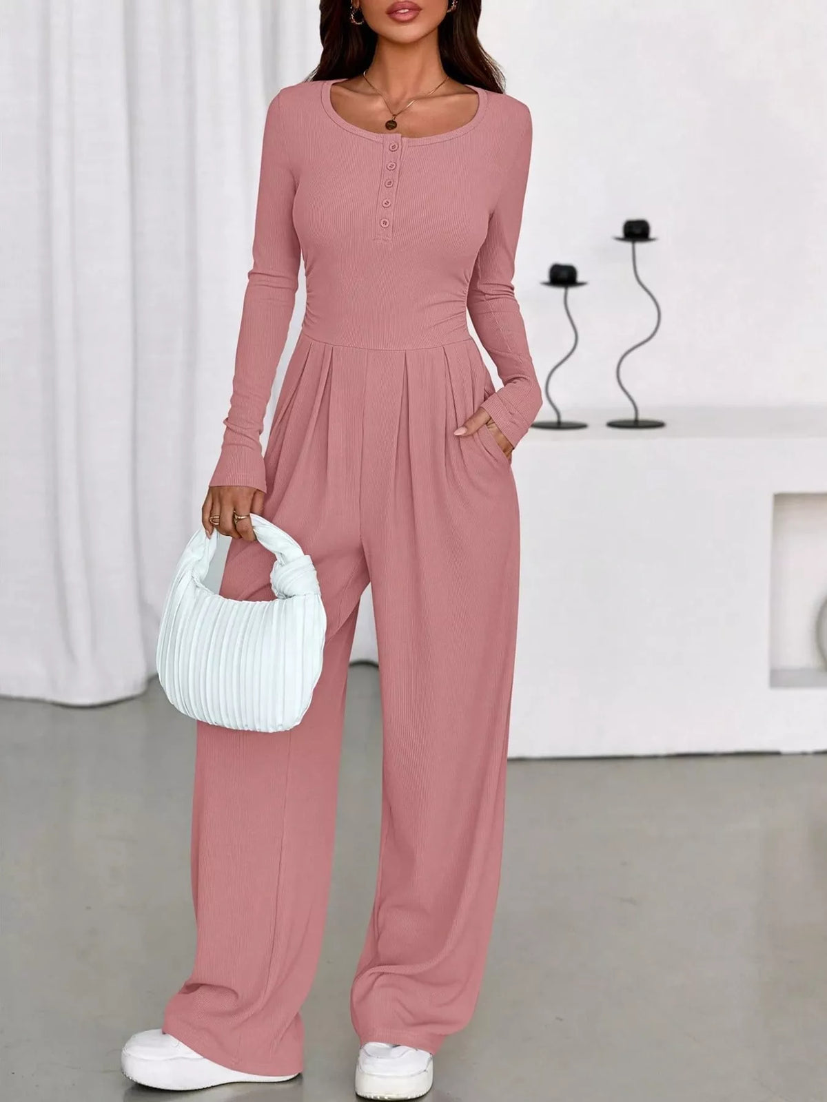 long sleeve ribbed knit wide leg jumpsuit | dropsona - neutral - front view