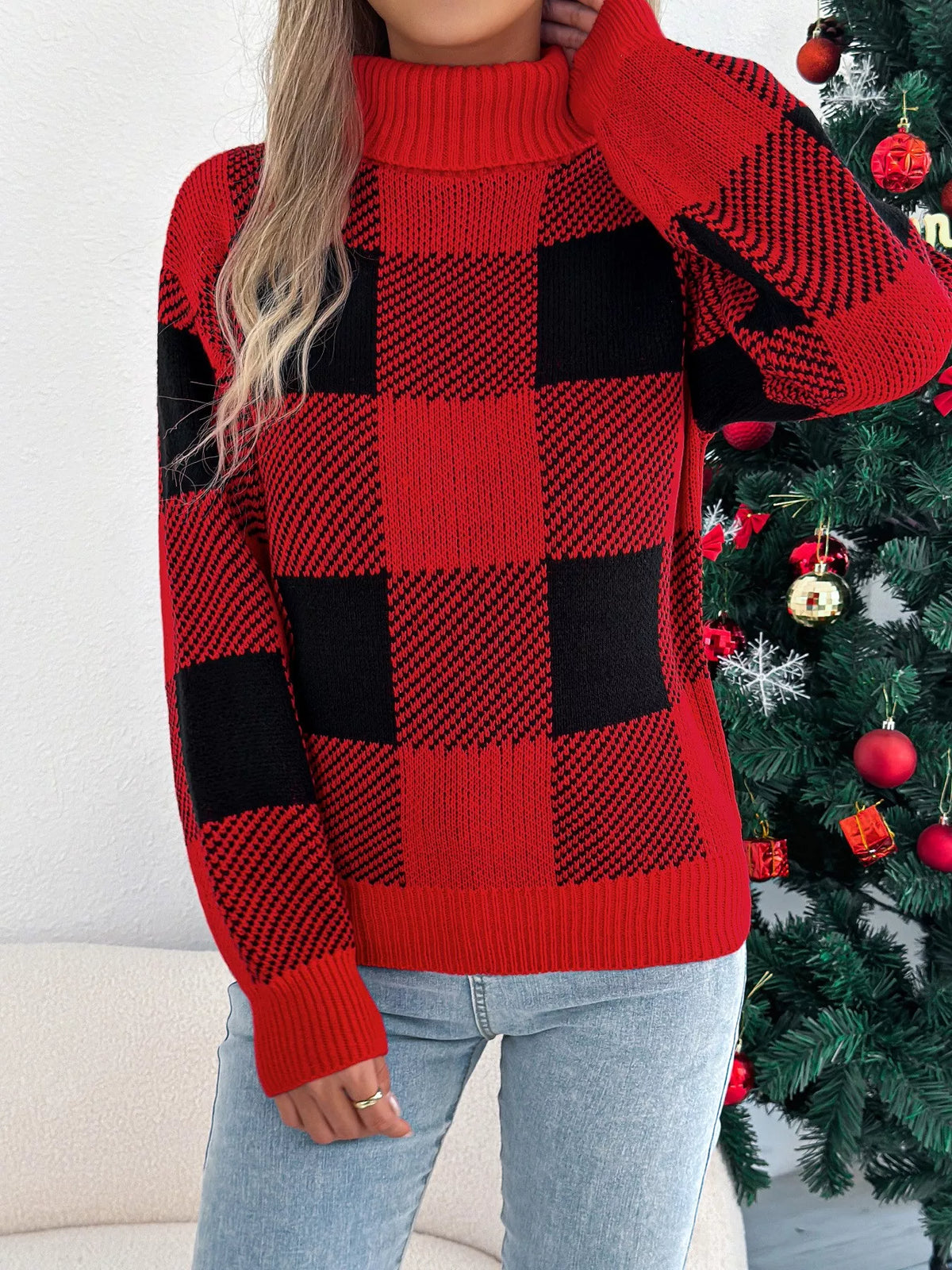 christmas plaid long sleeve turtleneck sweater | dropsona - neutral - close-up detail