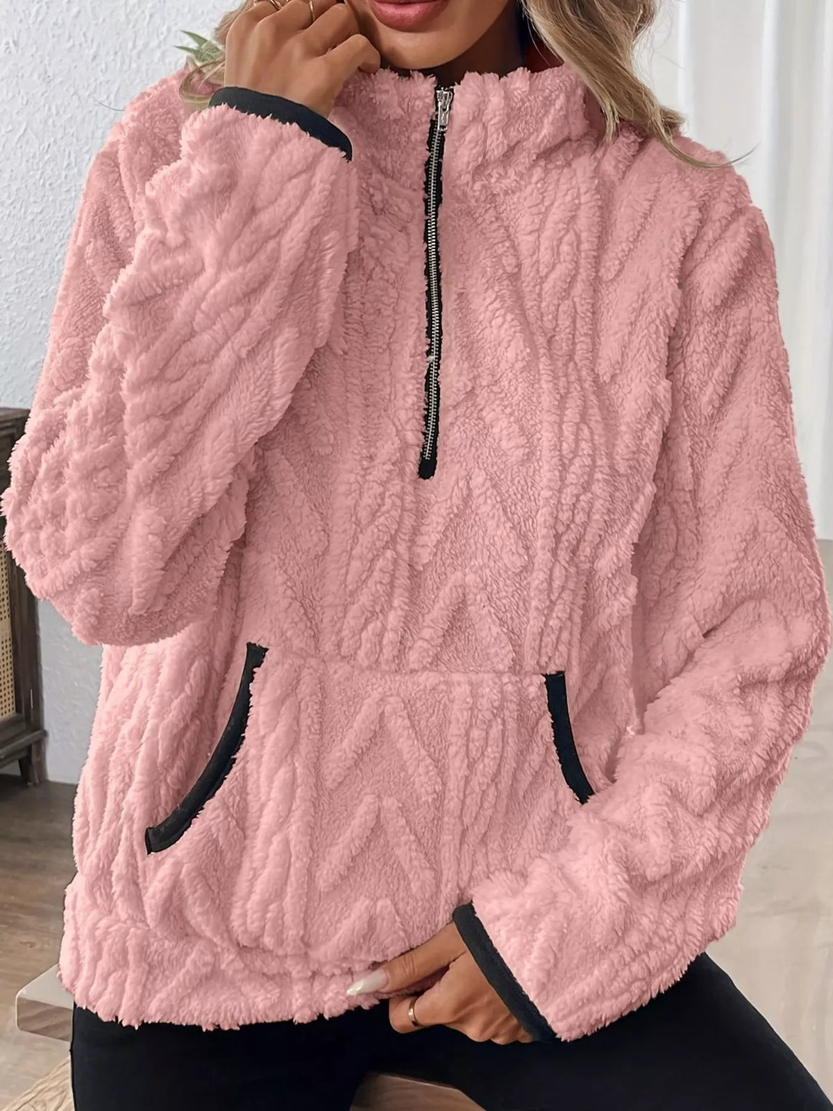 full size quarter-zip sherpa sweatshirt plus | dropsona - neutral - size reference
