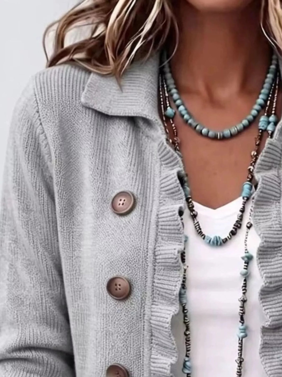 full size ruffled trim decorative button cardigan | dropsona - neutral - front view