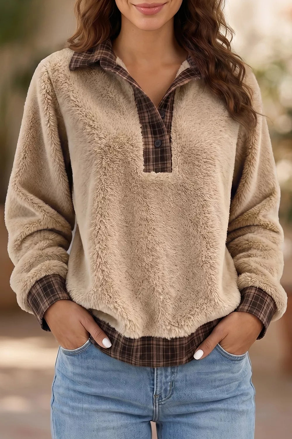 plaid collar button front fleece pullover sweatshirt - close-up detail