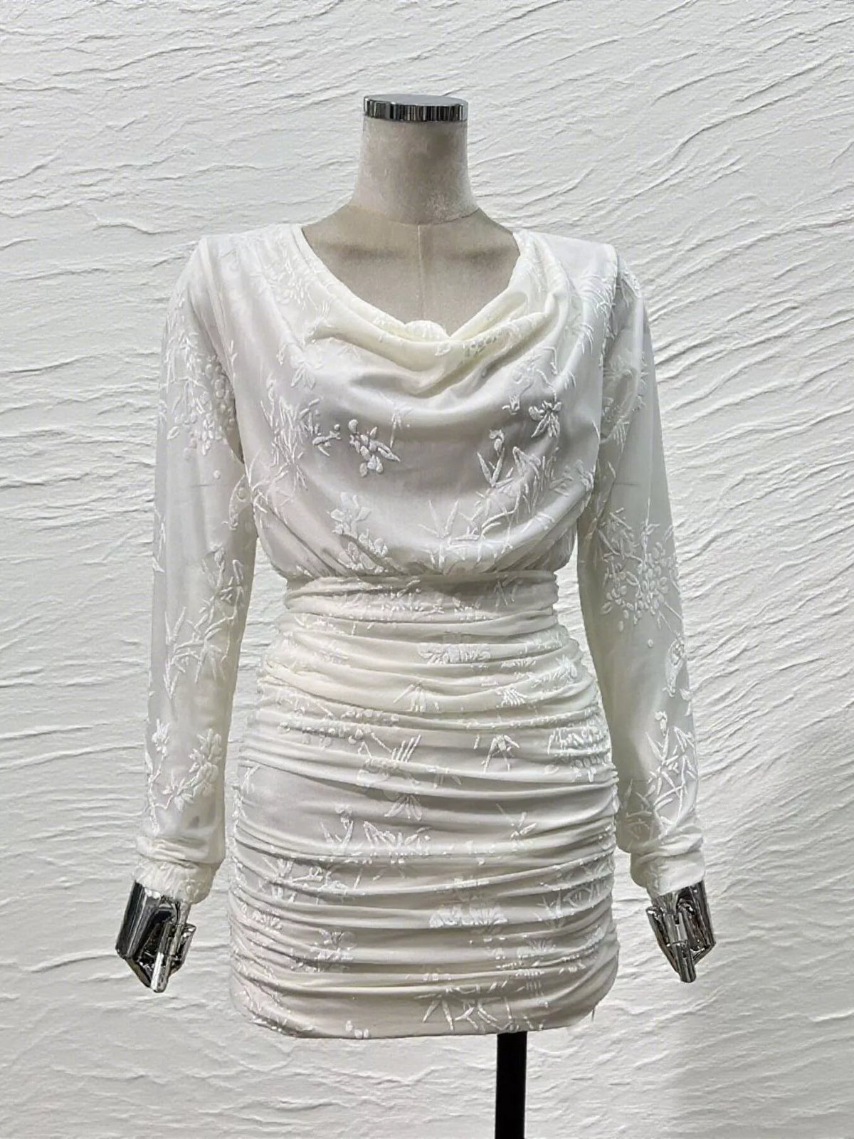 ruched long sleeve mini dress – ruched,zipper | dropsona - neutral - close-up detail