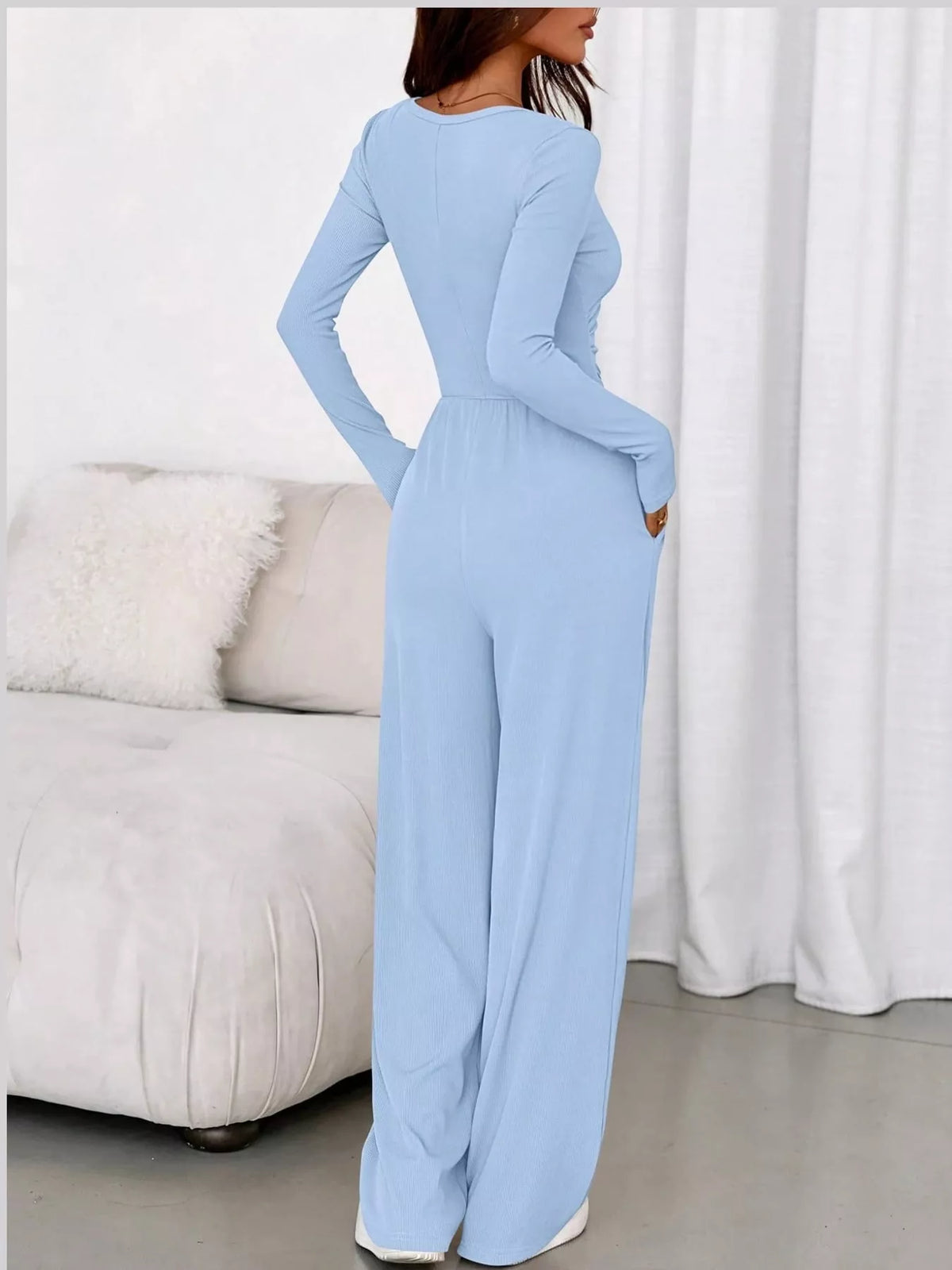 long sleeve ribbed knit wide leg jumpsuit | dropsona - neutral - usage example