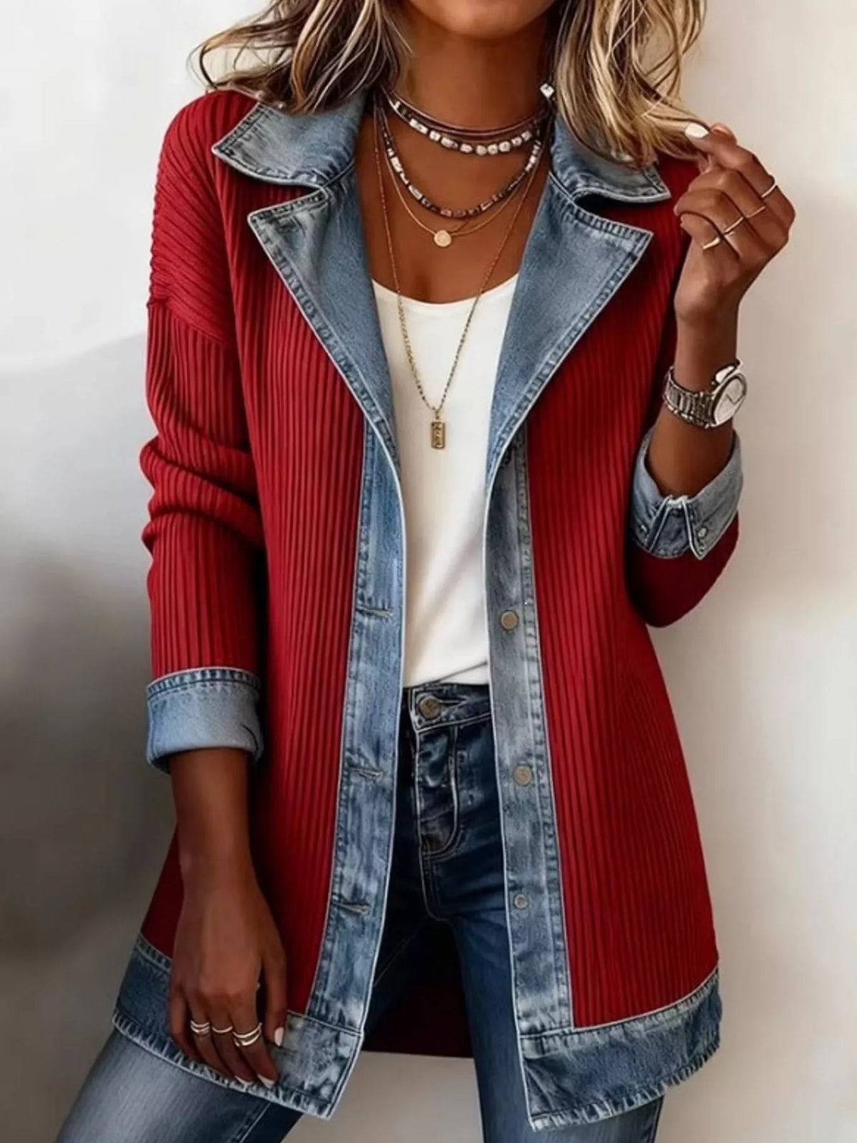 full size denim trim ribbed knit cardigan plus | dropsona - neutral - usage example