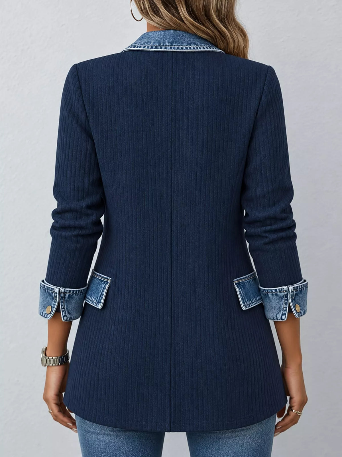 full size denim trim ribbed knit cardigan plus | dropsona - neutral - size reference