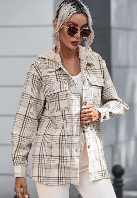 plaid removable hood button up shacket – basic style | dropsona - neutral - packaging