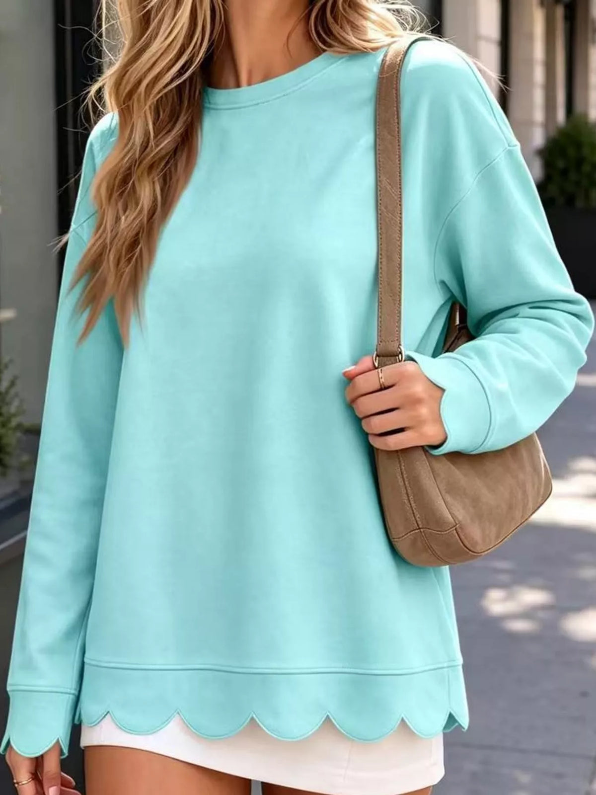 full size casual scalloped hem crewneck sweatshirt | dropsona - neutral - size reference