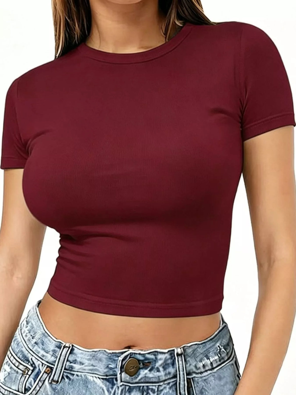 slim fit basic crew neck short sleeve crop t-shirt | dropsona - neutral - front view