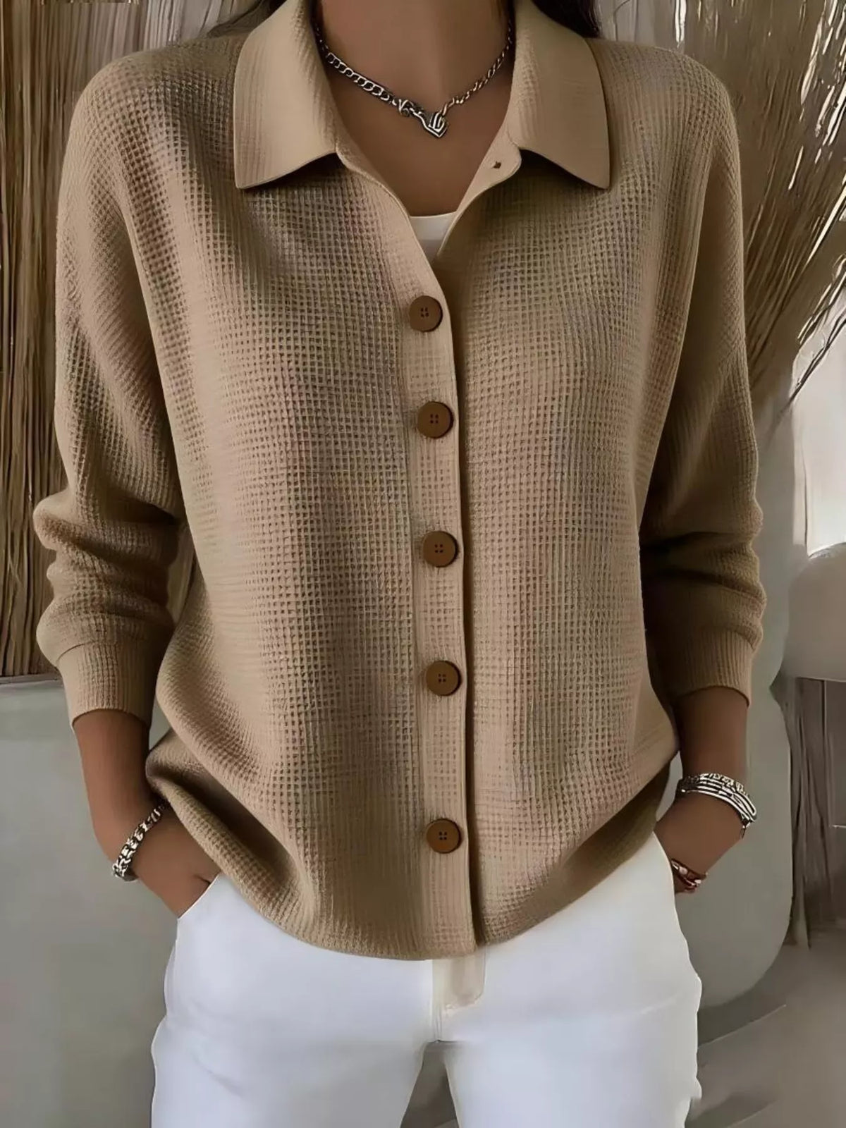 full size waffle knit button-down shirt plus | dropsona - neutral - size reference