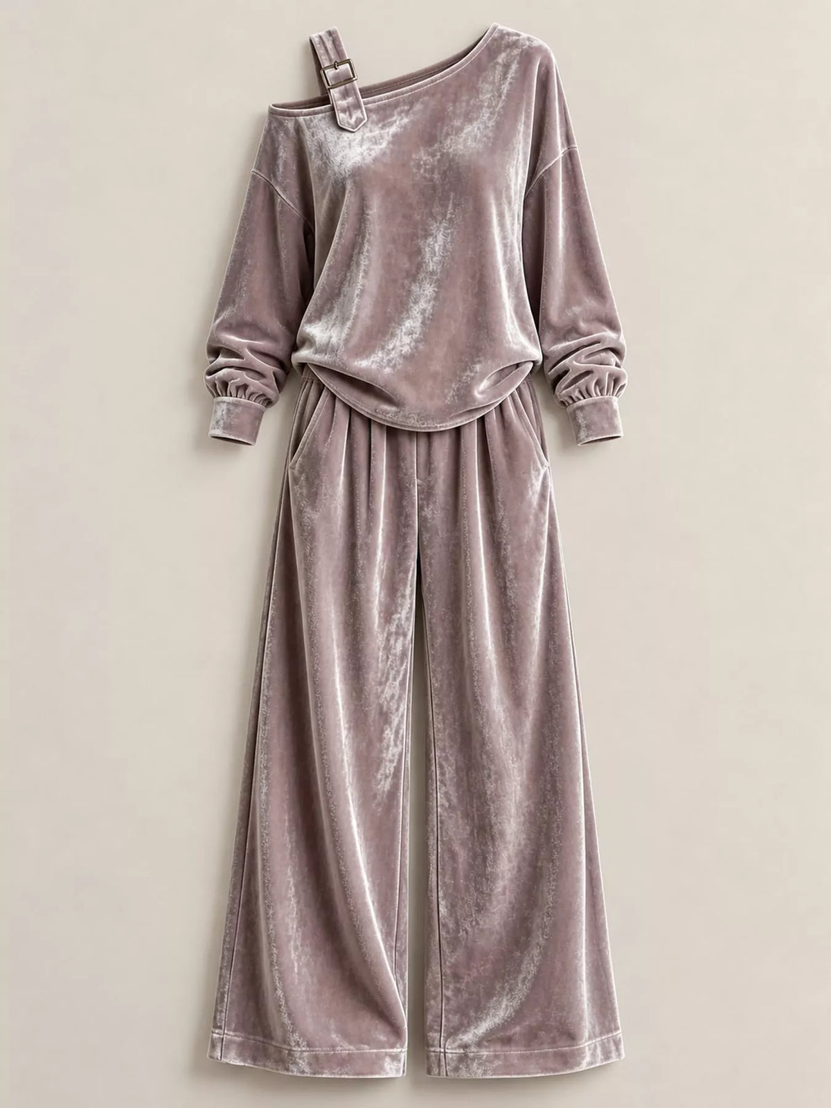 asymmetrical neck top and pants set | dropsona - neutral - close-up detail