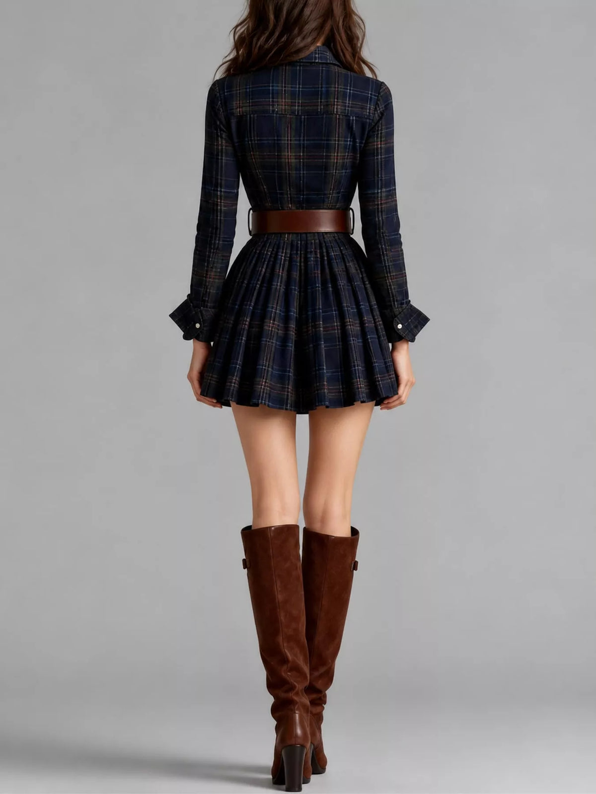 plaid long-sleeve shirt dress | dropsona - neutral - front view