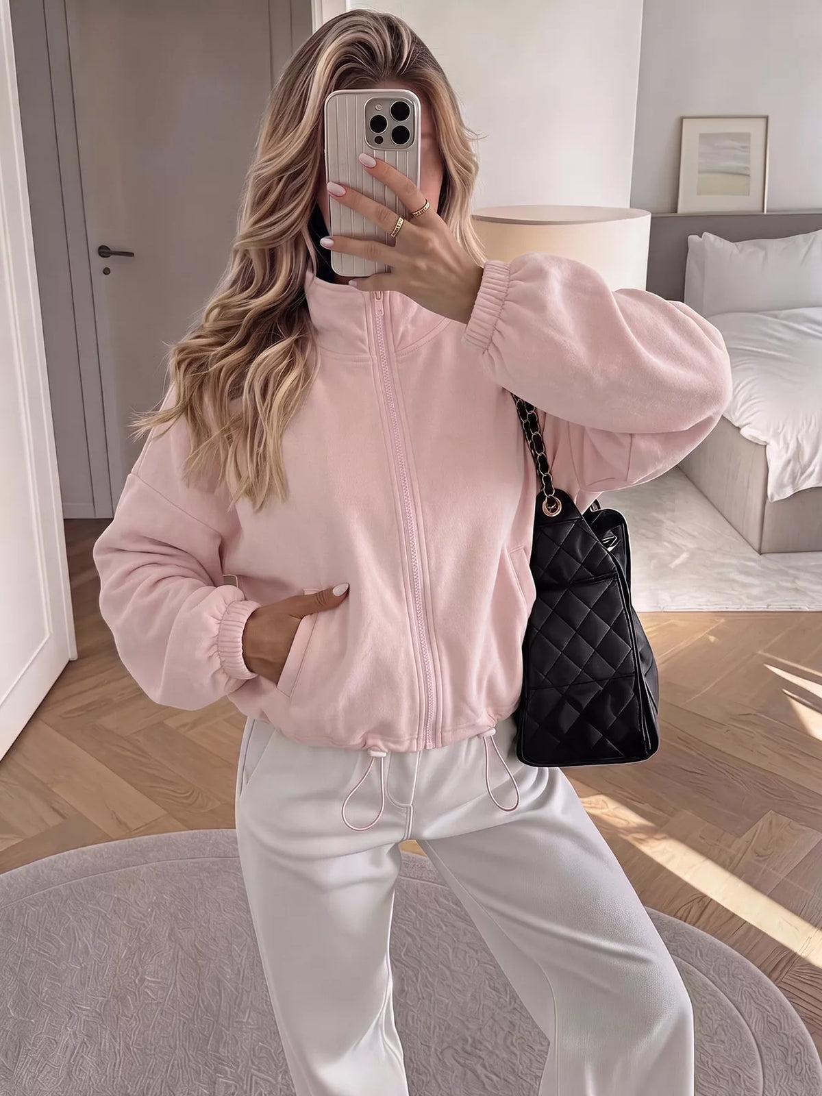 zip-up drawstring hem sweatshirt | dropsona - neutral - close-up detail