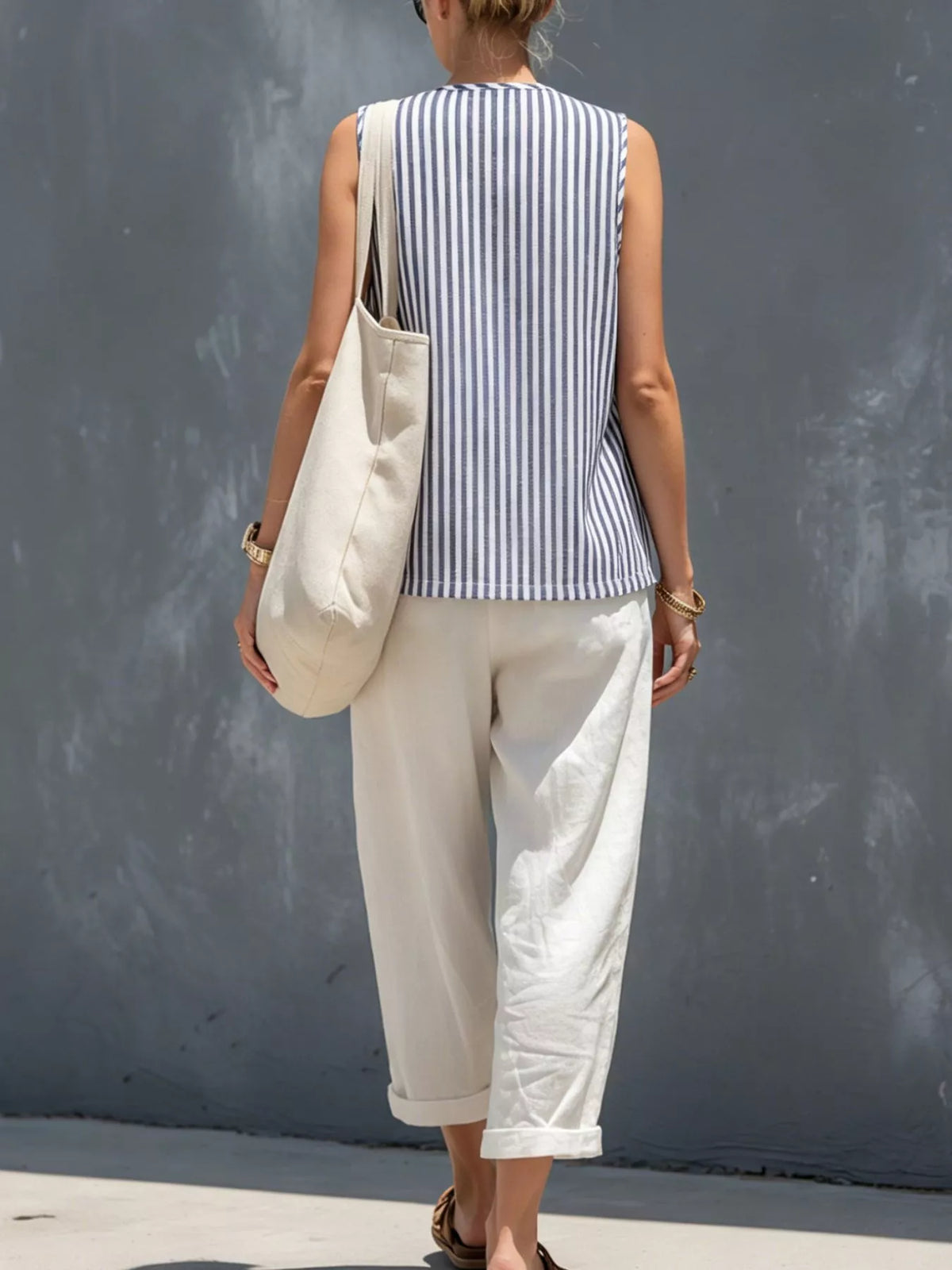 striped button down vest and pants set | dropsona - neutral - material texture
