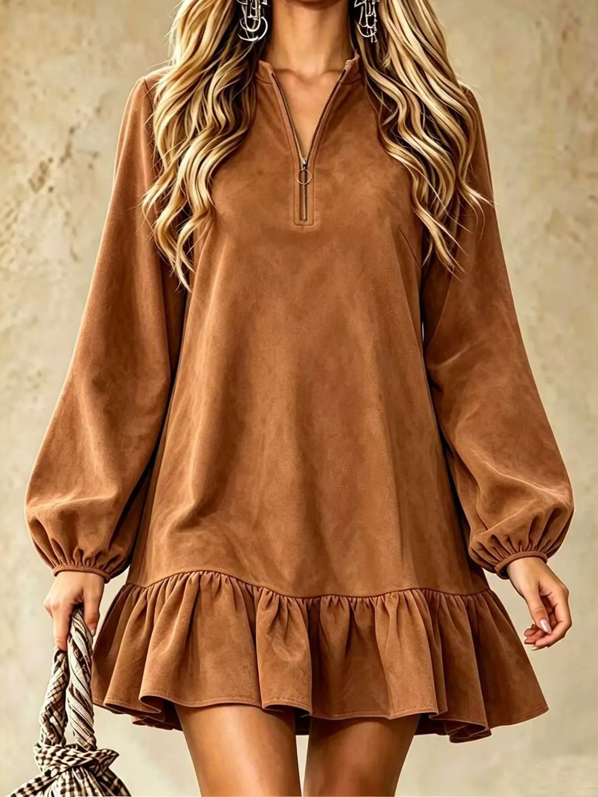 quarter-zip ruffle hem mini dress | dropsona - neutral - material texture