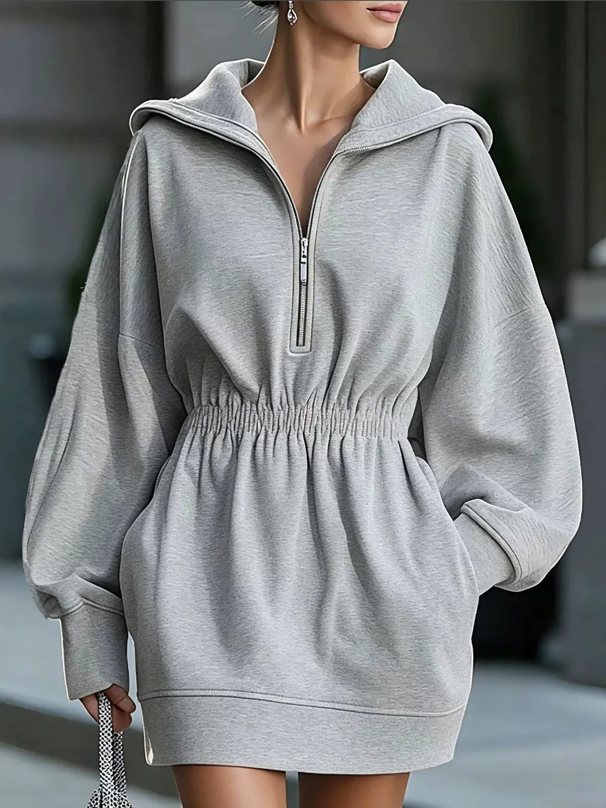 half-zip hooded sweatshirt dress – zipper,pocketed fit | dropsona - neutral - packaging