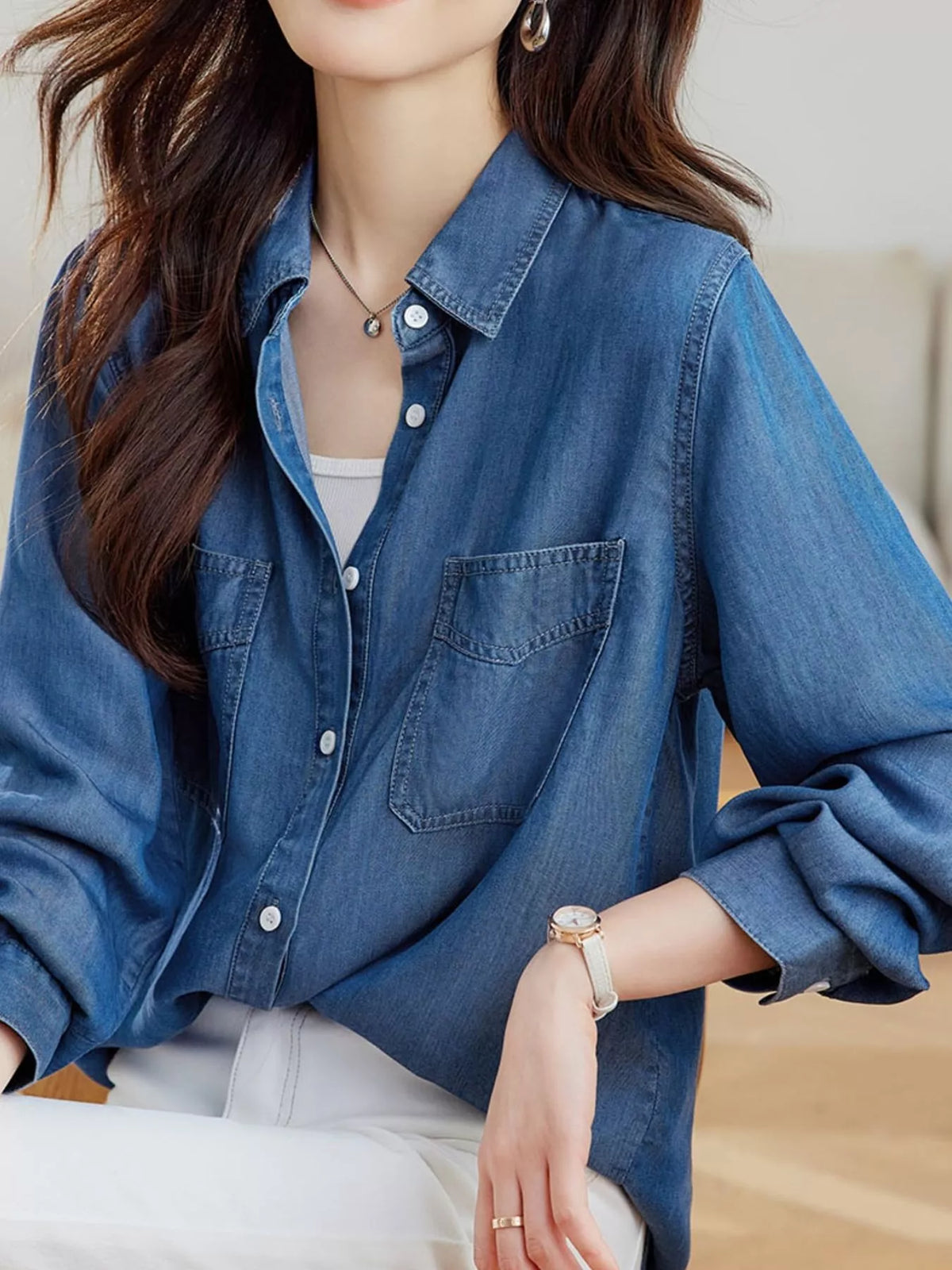 button-down denim shirt with dual chest pockets | dropsona - neutral - front view