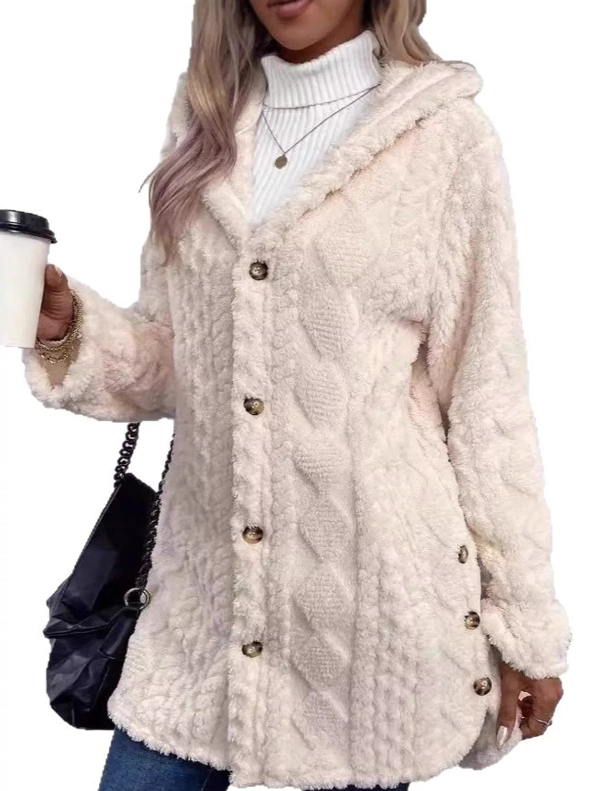 full size cozy cable-knit faux fur hooded outerwear | dropsona - neutral - packaging