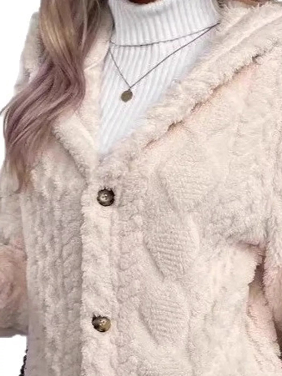 full size cozy cable-knit faux fur hooded outerwear | dropsona - neutral - front view
