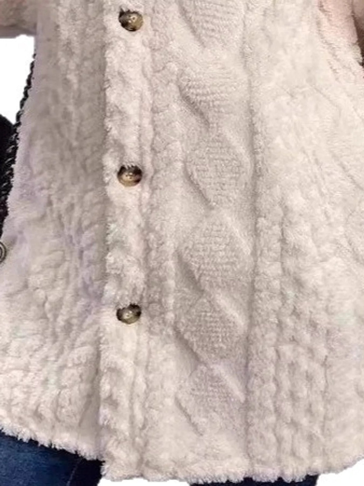 full size cozy cable-knit faux fur hooded outerwear | dropsona - neutral - close-up detail