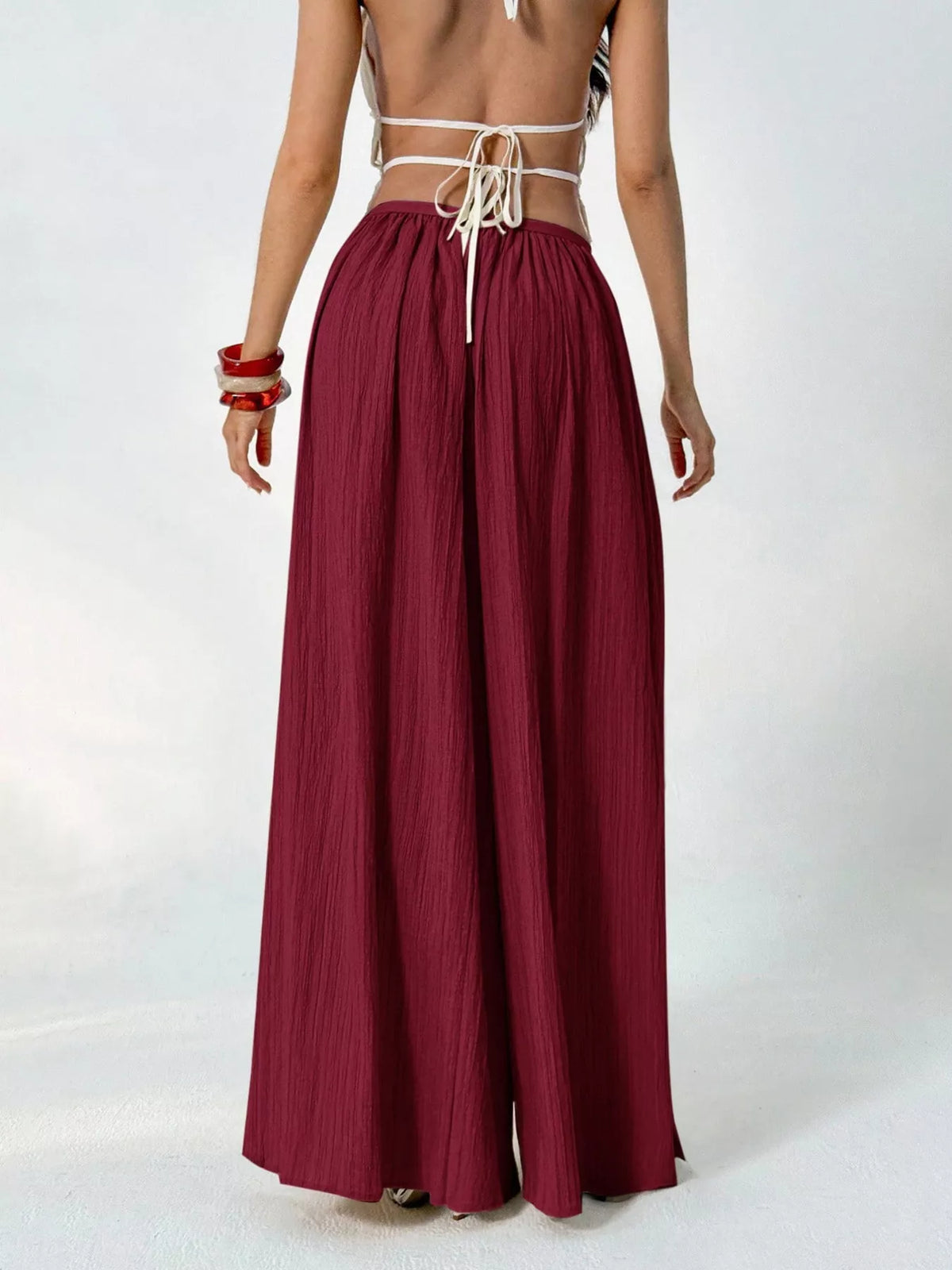 high-waisted wide-leg pleated casual pants | dropsona - neutral - close-up detail