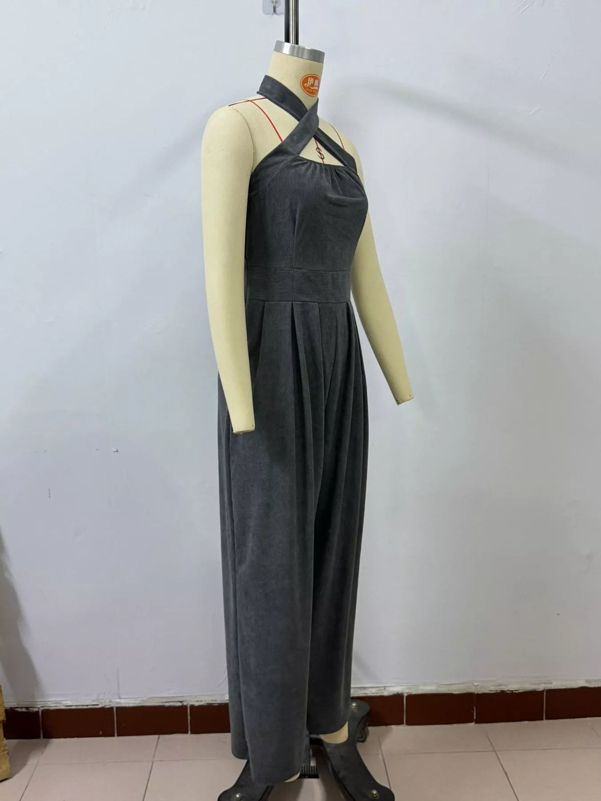 full size halter neck wide-leg jumpsuit plus | dropsona - neutral - close-up detail