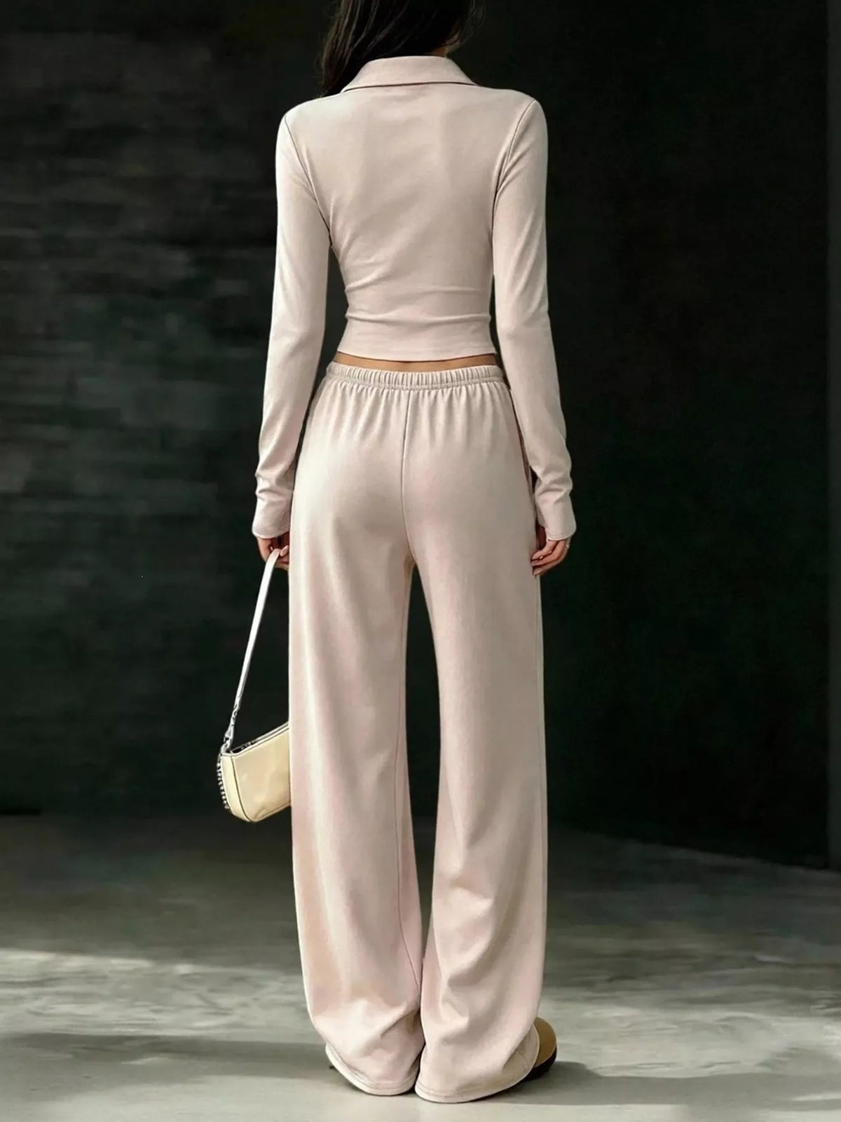long-sleeve polo top and wide-leg pants set | dropsona - neutral - size reference