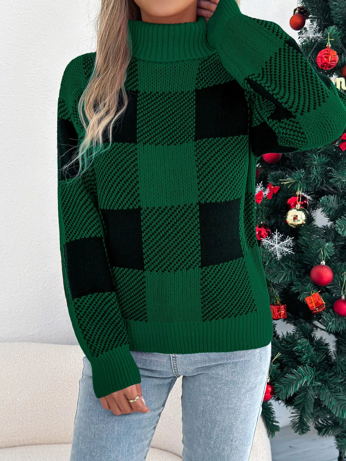 christmas plaid long sleeve turtleneck sweater | dropsona - neutral - size reference