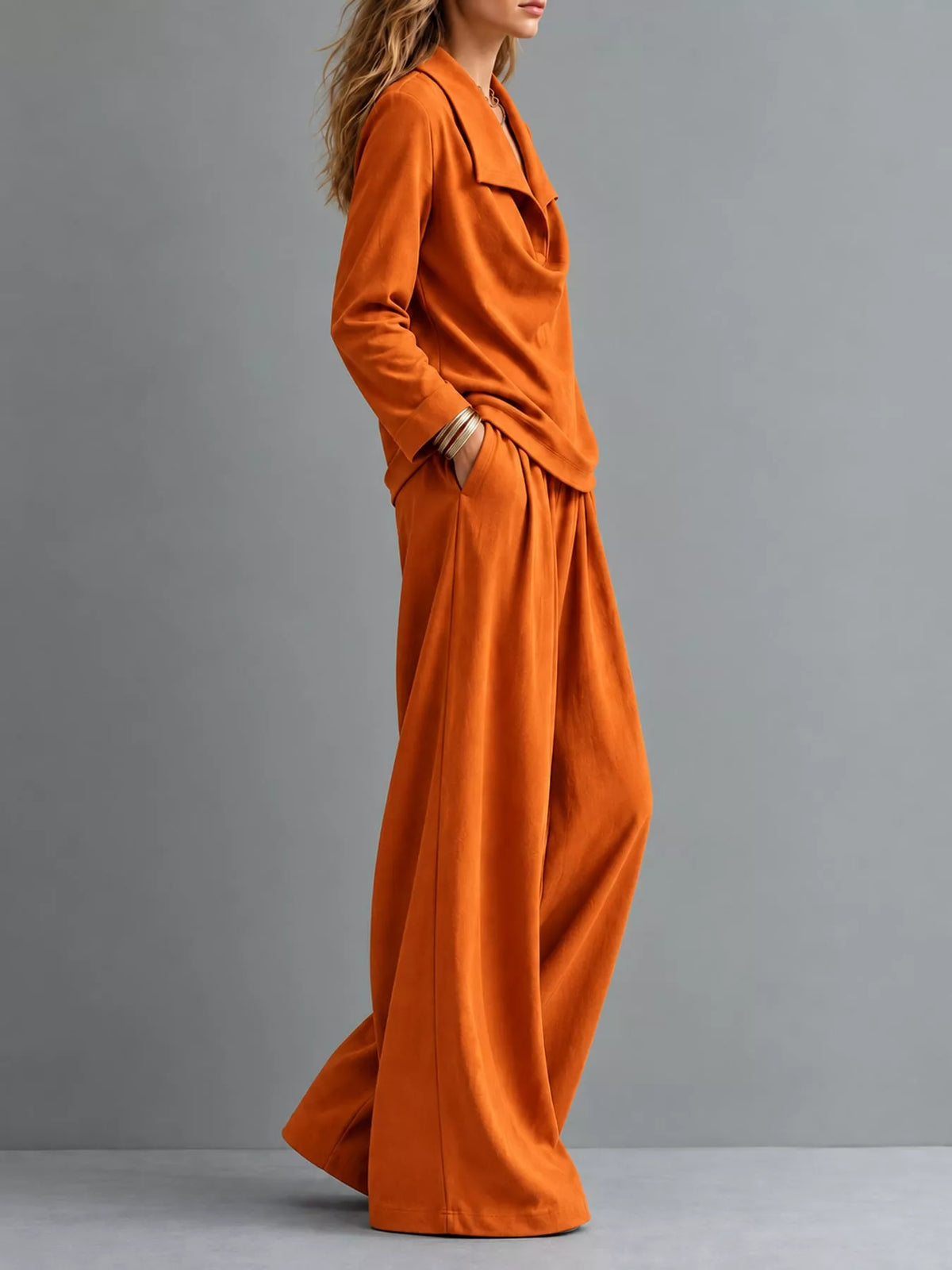 full size casual elegant top and wide-leg pants set | dropsona - neutral - material texture