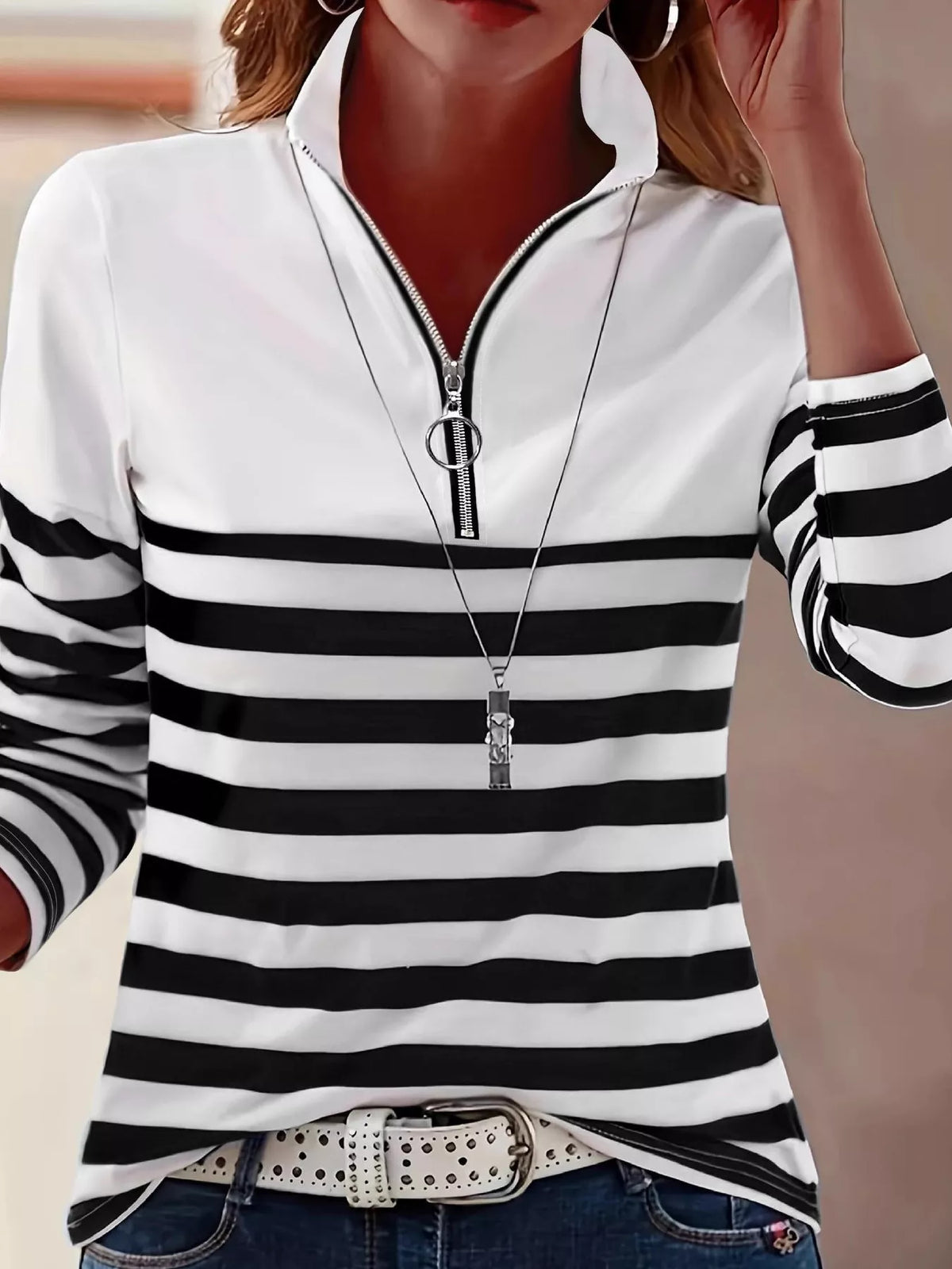 quarter-zip striped long sleeve t-shirt | dropsona - neutral - everyday use