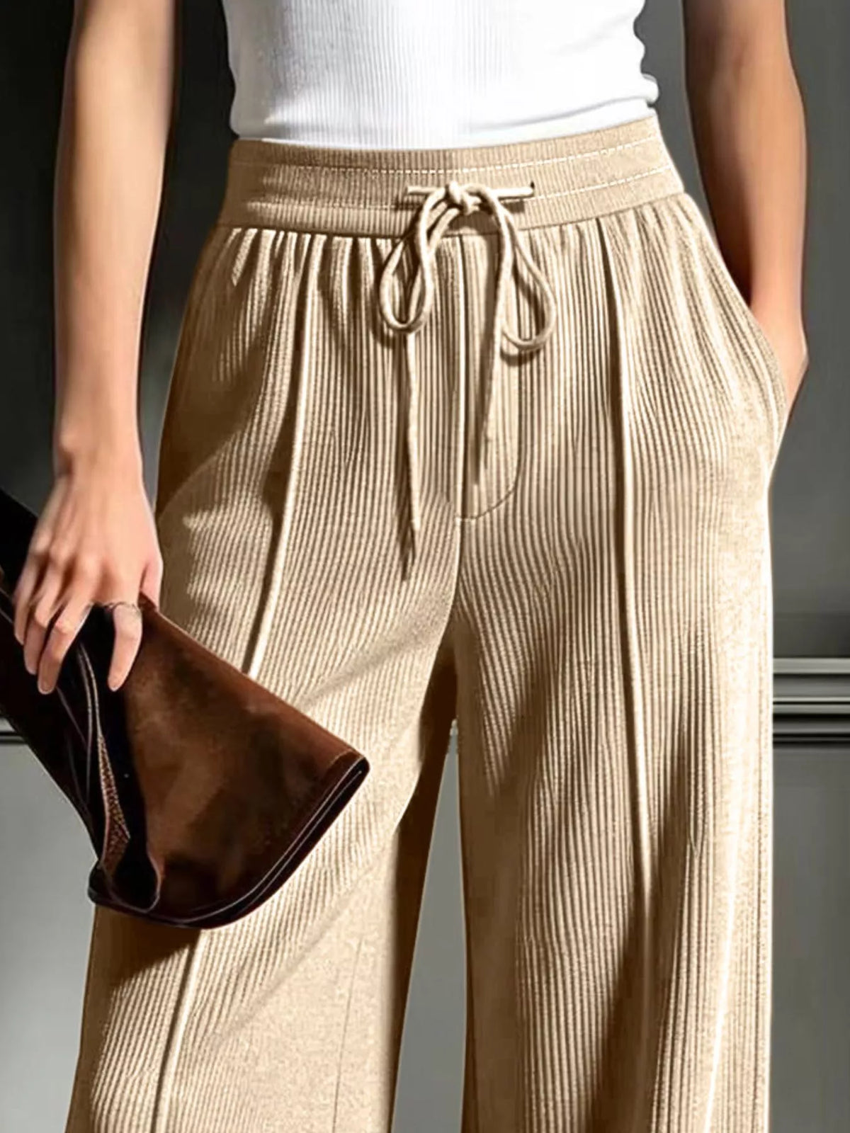 high-waisted wide-leg ribbed corduroy pants | dropsona - neutral - front view