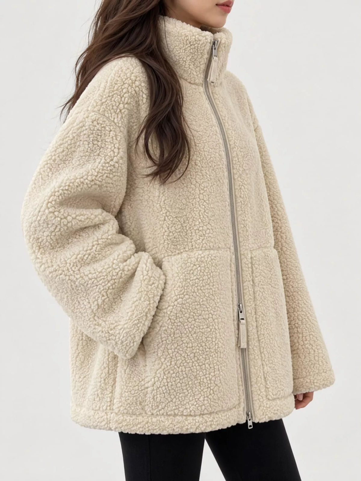 sherpa zip-up outerwear | dropsona - neutral - material texture