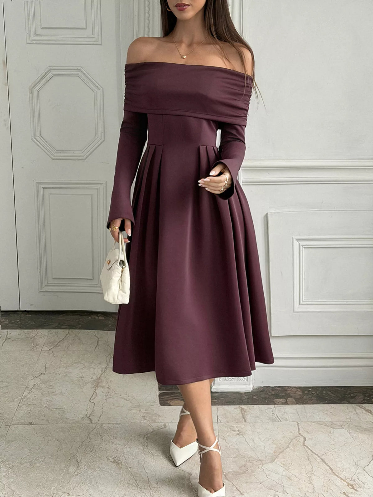 off-shoulder long sleeve midi dress – ruched, zipper | dropsona - neutral - close-up detail