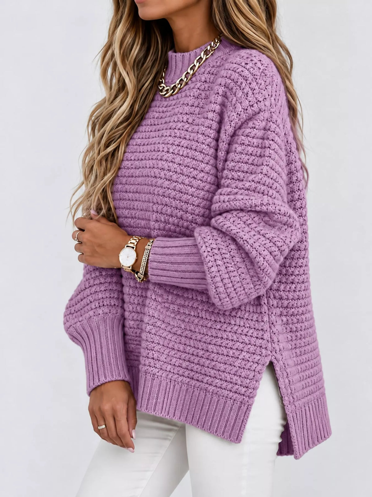 side slit textured knit sweater – ribbed,slit fit | dropsona - neutral - close-up detail