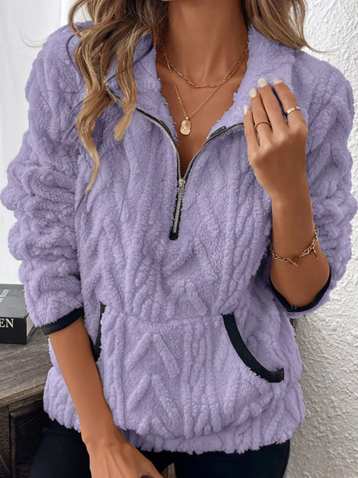 full size quarter-zip sherpa sweatshirt plus | dropsona - neutral - size reference
