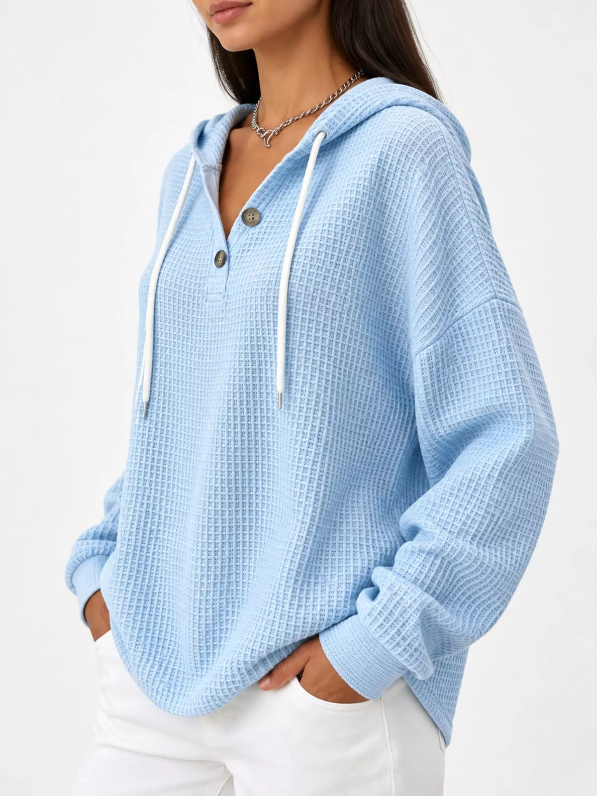 full size waffle knit button detail hoodie plus | dropsona - neutral - usage example