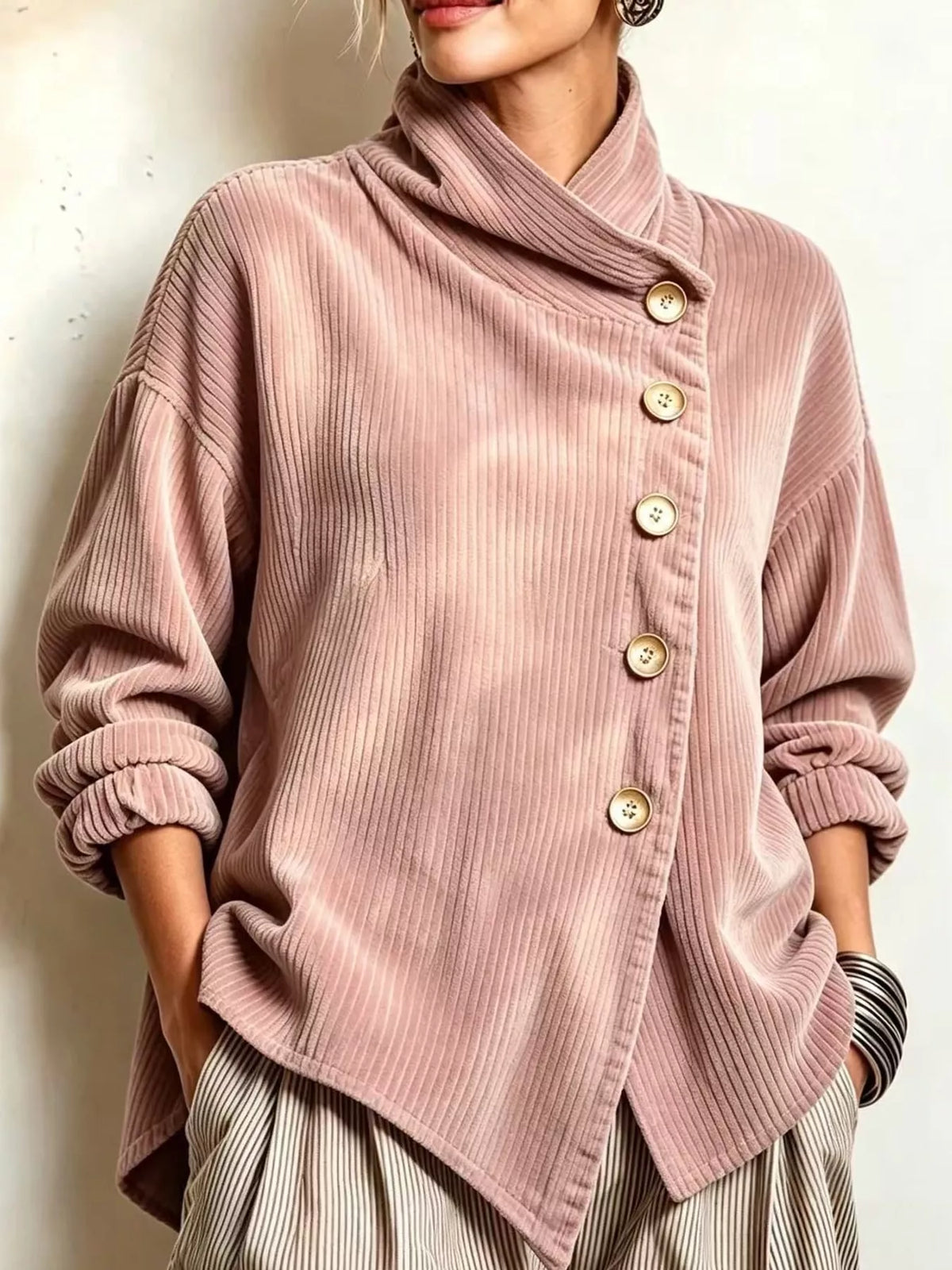 full size asymmetric button-down corduroy jacket plus | dropsona - neutral - close-up detail