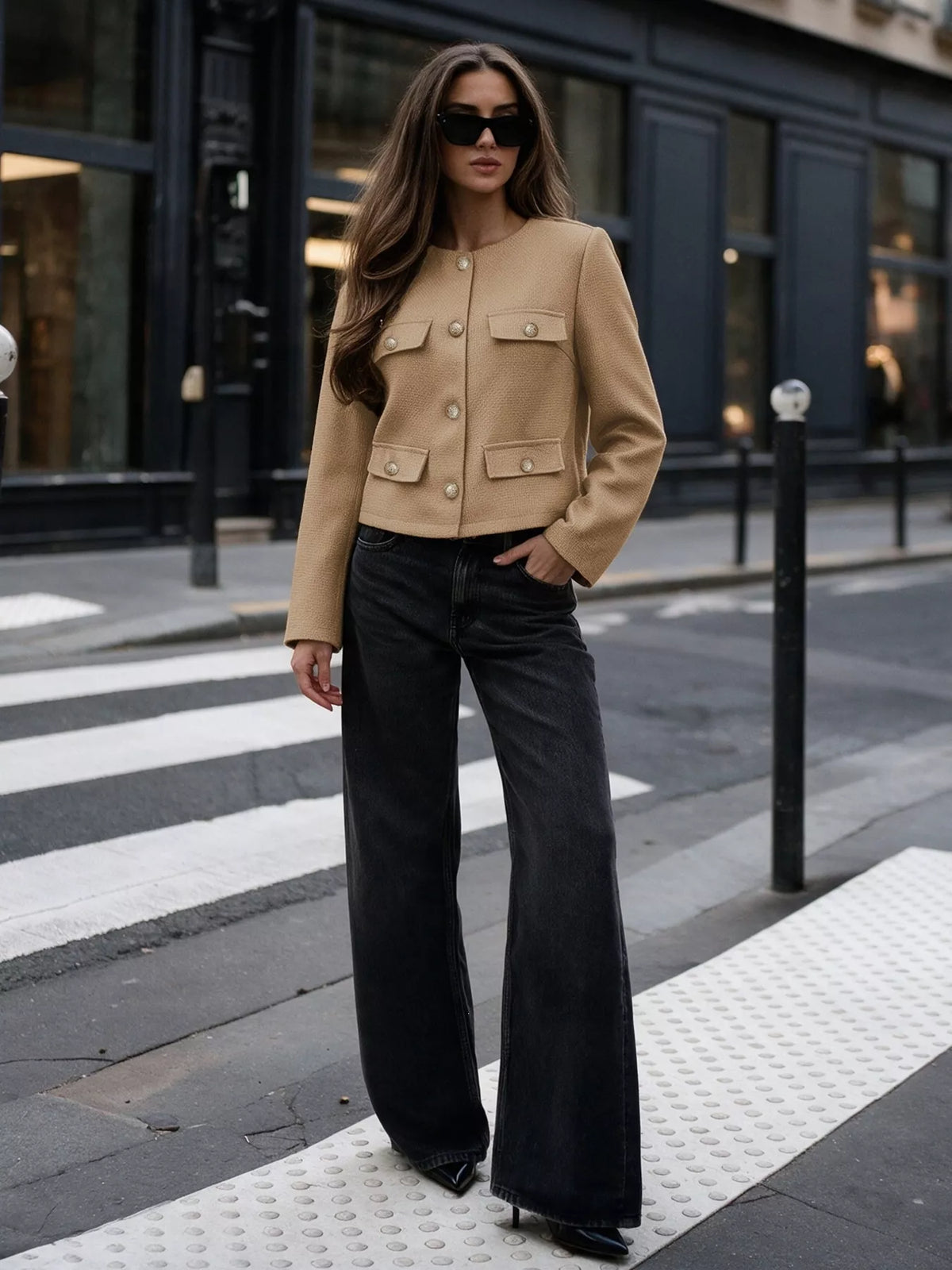 textured cropped jacket with gold-tone button | dropsona - neutral - packaging