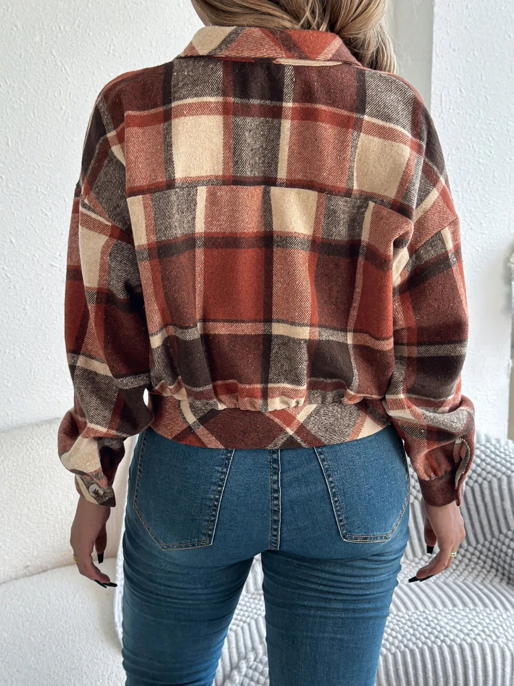 plaid button up long sleeve jacket – buttoned | dropsona - neutral - size reference